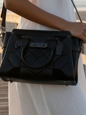 Coach Black “Swagger” Quilted Patchwork Leather Satchel with Crossbody Strap